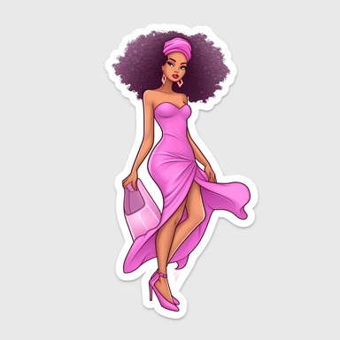 Create clipart sticker featuring white background a full-body runway pose, of a beautiful, black African-American girl confidently wearing stilettos, model wearing fashion designer clothing Couture and Ready-to-Wear: Designer clothing encompasses both haute couture (high-end, custom-made pieces) and ready-to-wear (ready-made garments available for purchase). Haute couture garments are meticulously crafted to the client's