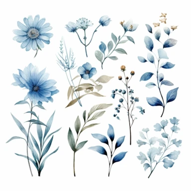 Light blue tone Watercolor Wild Floral clipart - Pre-made clipart