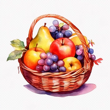Watercolor a basket of fruits Clipart ,high quality, highly detailed, watercolor , hand-drawn animation , vibrant color, bright colors, romantic, , watercolor,