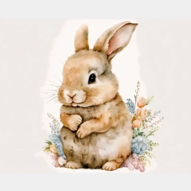 a charming soft loose style watercolor clipart for kid, image of a fluffy cute baby newborn bunny happy sitting, with a big smile on face, eyes are very very big and shining, his head is big and cute, fur is painted in gentle shades of brown and white, the bunny express the relaxed and joyful pose, very less detail, non-realistic