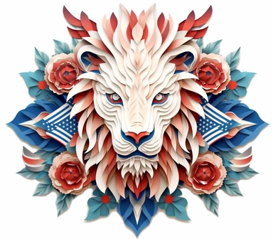 Beautiful Patriot 3D Paper Cut Flower lion For 4th Of July Sublimation Clipart,Cartoon, hyper realistic, intricate detail, illustration style,high solution,on the white background , 32k resolution, ultra high definition