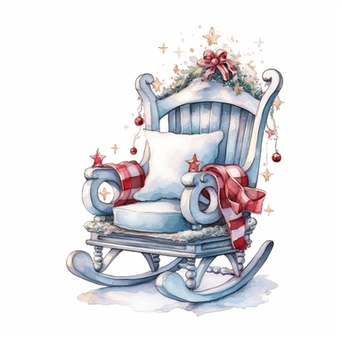 Watercolor, cute christmas rocking chair, magical, fantasy, clipart, white background detailed, 8k, high resolution, style of Sandi Mower, clean white background
