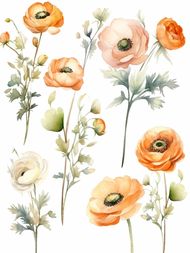 watercolor clipart set with white background, cute ranunculus flowers, adorable, flat design, clearly defined with separated images, high quality
