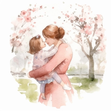 mother and 3 years old daughter hug each other smiling in the spring park clipart,wearing dusty rose dress, joyful expression, dynamic pose, front view, in the style of watercolor cartoon clipart, BEATRIX POTTER style, high resolution,composition free space, pastel color scheme, soft and tender, appreciative,warm,nostalgic,sentimental,watercolour clipart, watercolor illlustration for kids and children,isolated white background, clipart most popular on etsy, book illustration, featured on dribble