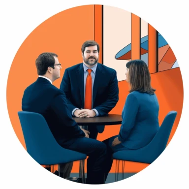 Clip art to use for a lawyer website of a Lawyer talking to 2 clients in a lawyer office about a lawsuit case drawing with hues of blue and orange with a slight white background