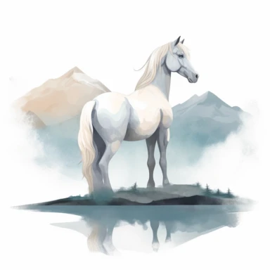 A clipart that shows a majestic sitting horse in a graceful pose on a white background. The horse's body is elegantly curved to emphasize its beauty and grace. It may be standing on a slight hill or in an idyllic landscape. The water colors give the clipart a soft and flowing look. The colors can be soft and pastel to create a calm atmosphere. Use different shades of blue for the background to create a natural water or sky look. The contours of the horse are subtle and well defined to clearly sh