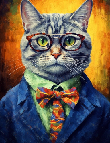 full body Cat Fashionista: Craft a cat clip art dressed in stylish clothing, with accessories like sunglasses, a handbag, or a bowtie. The cat can have a confident pose, showcasing its fashion sense. This fashionable feline represents style, elegance, and self-expression. oil painting by van Gogh 8k ultra detail high sharpness ultra detail