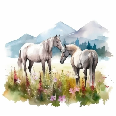watercolor realistic, horse clipart, high detail, grazing in moutain meadow, white background. Different colored horses.