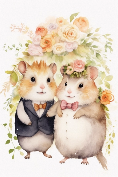 Create a watercolor clipart picture of a hamster bride and groom , white background. The hamster should have a cute and happy expression, with its fur depicted in soft watercolor textures. Surround the hamster with small flowers and greenery, adding a whimsical touch to the scene.