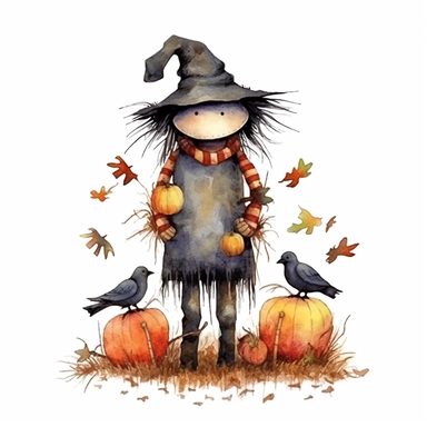 Halloween scarecrow with crows on him, full color, knitted painting texture, Perfect for nursery art and children's book illustration style, simple, cute, full color, clipart, watercolor illustration, single object, high definition 8k,white background for removing background - - no text shadow font watermark