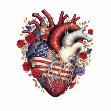 realistic illustration, real heart clipart, with floral decoration, with colors of the united states flag, july 24th, high definition embedded details, white background,