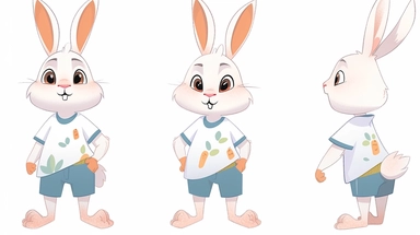 clipart,A cute little rabbit wearing a bright shirt and shorts+three Kans, with three perspectives on the front, side, and back, in different poses. The little rabbit has a small and cute body, with furry white fur and a pair of long ears. Its bright black eyes exude a clever and curious expression. A mischievous expression, he often wears bright shirts and shorts, full of vitality.clipart style, full body with both feet, painting, illustration, style, beautiful cartoon style, three images