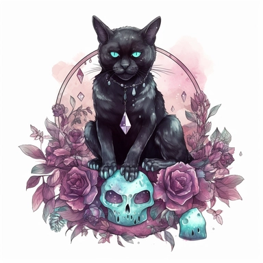 hand drawn black cat, sitting with front paw resting on a skull, flowers and crystals, shades of burgundy purple and teal, romantic and edgy, very detailed and realistic, watercolor, clipart style
