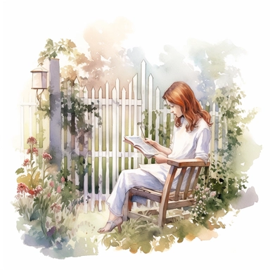 beautiful girl reading in a garden with floral fence, illustration for book lover, in the style of romantic academia, pretty, realistic watercolor paintings, transparent/translucent medium, clipart, isolated on white background, pont-aven school, dusty piles, optical