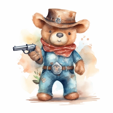 A cute watercolor clipart of a teddy bear dressed in Wild West cowboy attire, with a hat, boots, and a bandana around its neck. The bear has a confident stance and a revolver in its holster