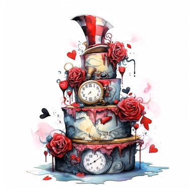 An alice in wonderland tier cake, with layers lopsided in different colors, watercolor steampunk style, with clocks, red hearts and red roses, white background, clipart