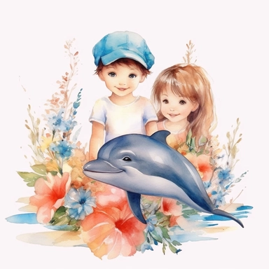 watercolor beauty girl and boy playing with dolphins, shells and flowers clipart on white background