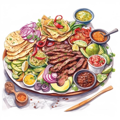 watercolor, hyper realistic, white background, white margins, 16k, ultra detailed clipart, cut out image, hand-drawn, whimsical A sizzling platter of fajitas, with strips of grilled steak, onions, and peppers, served with warm tortillas, sour cream, and guacamole. Bold shades of red, green, and brown capture the spicy and savory flavors.