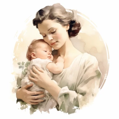 beautiful detailed watercolor of mother with newborn infant, old fashioned, 1930's, idealistic, white, clean, clipart