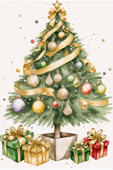 whole christmas tree with presents clipart, decorated pine tree with christmas golden presents, golden christmas decoration, christmas decor, simple shapes, no lines, no outlines, clipart, featured on dribble, cartoon tree clipart, minimalist, computer vector graphic design clip art, watercolor illustration clipart, watercolour clipart, watercolor illlustration for kids and children, book illustration, print on demand image, PNG tranparent background