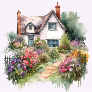 watercolour English cottage garden with a mix of colorful flowers and hedges plain background a png image that can be used as clipart