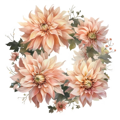 a simple gorgeous A wreath made with creamy peachy-light pink Café Au Lait Dahlia flowers and greenery on white background clipart, watercolor painting realistic, high quality, vibrant, Vicente Romero Redondo, Willem van Aelst