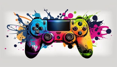 An eye-catching oil painting rendition of a bright and vibrant ps4 game controller clipart, featuring a captivating assortment of RGB colors. The controller is depicted with bold and lively brushstrokes, creating a dynamic and energetic composition. Against a pristine white background, this artwork is meticulously crafted for high-quality printing in ultra-high definition (UHD) and 4K resolution. To enhance the artistic appeal, a burst of paint in complementary hues adorns the background, adding