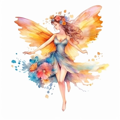Clipart fairy girl with beautiful flowers, transparent wings, flying sideways, fantasy, watercolor paints, isolated objects on white background, beautiful delicate pink and blue fancy colors, sunny yellow, orange, honey, k8