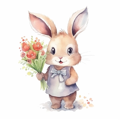Watercolor bunny holding bouquet of wild flowers clipart, childlike innocence and charm, big and adorable eyes, cute and charming expression, funny and floppy ears, rosy cheeks, shy bunny, foreboding colors, valentines day themed, white background