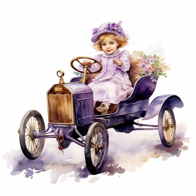 Watercolor Victorian baby girl in driving a violet ford t car from the era clipart , on a white background, Illustration clipart, 4K, extremely detailed