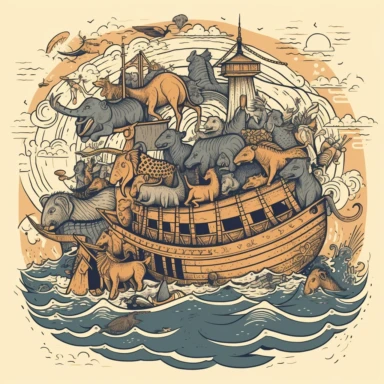 illustration for clipart of Noah's Ark, inspired by the Ukiyo-e style of Japanese artist Katsushika Hokusai. Use flowing lines and intricate details to represent the animals and the ark