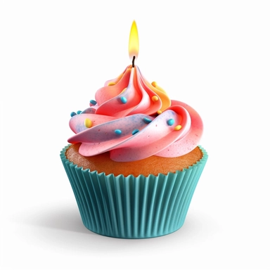 Delicious And Dreamy Gourmet Kid's Cupcake With A Birthday Candle, Pink, Orange And Blue, Clipart, HD, White Background