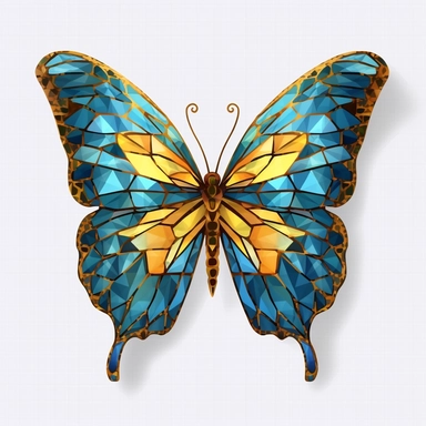 butterfly png design on transparent background, hd png download, in the style of stained glass effects, dark aquamarine and yellow, mural painting, wlop, gold and blue, mosaic-inspired realism, unique and one-of-a-kind pieces ,Stained Glass Butterflie Clipart, white background