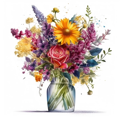 A breathtaking flower bouquet that includes ammi, solidago, asters, delphinium, spray roses, callistephus, and limonium, beautifully arranged in a glass vase clipart. Set against a clean white background, this wet watercolor artwork showcases vibrant colors and intricate details. Created with ZBrush and featuring sharp brush strokes, the bouquet appears incredibly lifelike and hyperrealistic. The high-definition (HD) quality ensures every petal and leaf is captured with precision, allowing you t