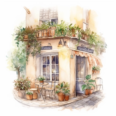 Dimetric illumination of a a cute watercolor small french cafe with tables and potted plants , french cafe, with plants plants, god rays, high quality, intricate design, clipart witchcore dreamcore cottagecore white background no text, isolated on white, ghibli style, award winning