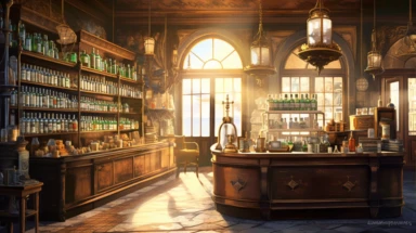 illustration, realistic interior of a vintage 1896 perfumery and pharmacy with some perfume bottle boxes incense boxes, atmospheric sunset lighting, Clipart, watercolor, realistic, full building, highly detailed, hdr, 32K, photo expert quality, watercolor realistic, hyperrealistic and highly detailed
