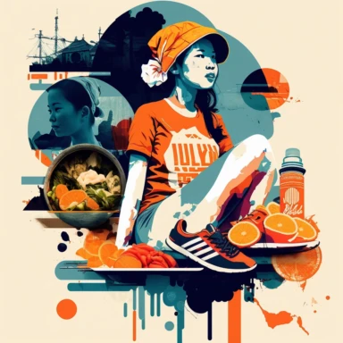 Creative graphic design, design, a girl is squating, she sells bahn mi, she rise her hands above her head with bahn mi, a girl is wearing traditional vietnamese hat and Nike shoes, Vietnam pop culture, Hanoi, collage, clipart, graphic, illustrations, 16K