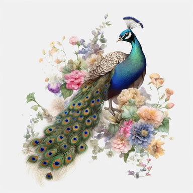 a peacock displaing in the style of James Christensen, summer flowers ,clipart, watercolor style, fantasy, ultra detailed, white plain background, single object, print on demand image, PNG transparent background, white background for removing background, 8k