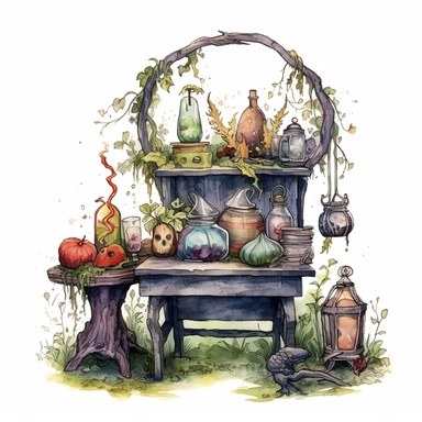picturesque scene, watercolor and ink style, witches bench with crystal ball, potions, wand, cauldron and herbs, clipart on plain white background, Halloween vibes, super scary cute in high detail ultra precision 16k HD, clean crisp brushwork, painted by Beatrix Potter