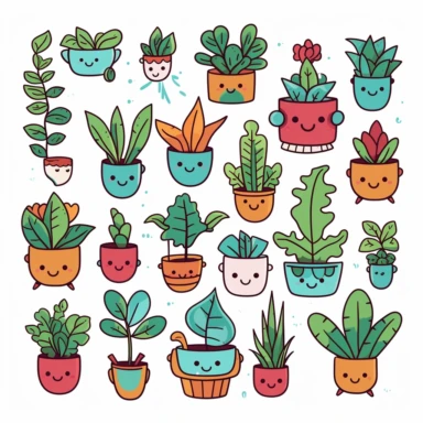 childrens coloring book, white background, thick lines, minimalistic, happy clipart house plants character sheet