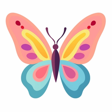 Create a clipart of a butterfly on a blank background. The butterfly should have four wings and a body with antennas on top. The wings should be symmetrical and have a pattern with bright colors like pink, yellow, and blue.