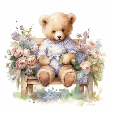 victorian vintage adorable little teddy with banquette and wild flowers, full body, pastel beige colors, clipart style, accurate details, watercolor technique, super high quality, professional watercolor clipart, high resolution