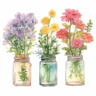 Craft a personalized hand-drawn watercolor clip art image of a family gift niche with birth flowers. Customize the image for a family of four: a February baby (Primrose), a June baby (Rose), a September baby (Aster), and a December baby (Holly). Surround
