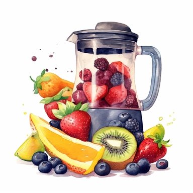 blender with a lot of fruits inside , watercolor, white background, clipart
