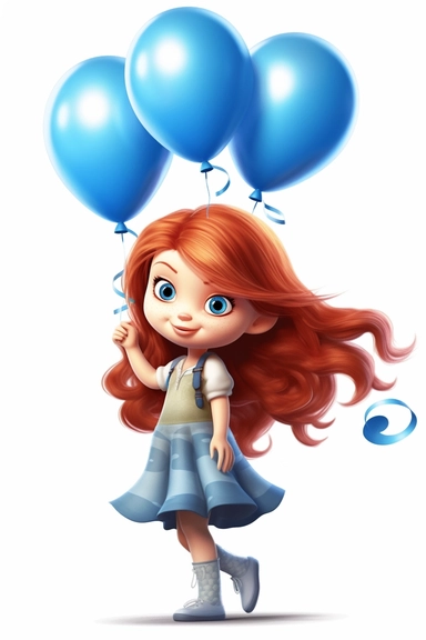 hp clipart,cute 2 year old girl dressed in light summer clothes holding 3 blue balloons in his hand, big blue eyes, long red hair, on white background, vector , fully detailed, full body figure view