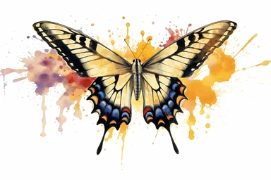 Watercolor, Design a digital watercolor painting of a Tiger Swallowtail butterfly feeding on nectar, clipart, hd, on a white background, spaced out