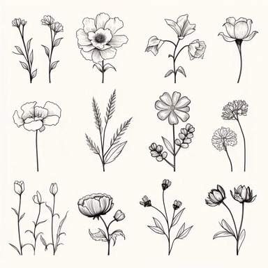birth flowers clipart set, minimalistic thin line pencil drawing, svg, white background, floral line art