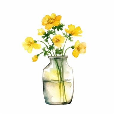 buttercup flower in vase watercolor clipart, minimalist, bright colors, isolated white background, 8k