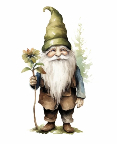 watercolour illustration for clipart, isolated smiling full length woodland gnome, large blue eyes, green and brown clothes, muted earthy tones, botanical, white background, nothing in the background
