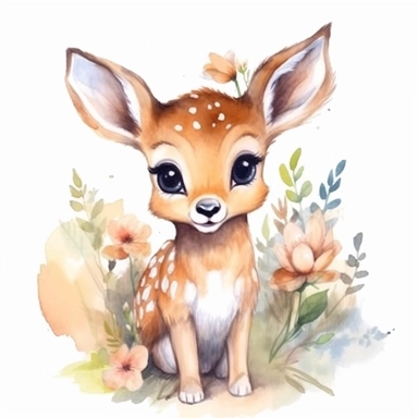 A Clipart of a super cute baby deer, beautiful fluffy shabby chic style, beautiful and cute by Thomas Kinkade, watercolor, cute drawing for nursery decor. A cartoon svg style